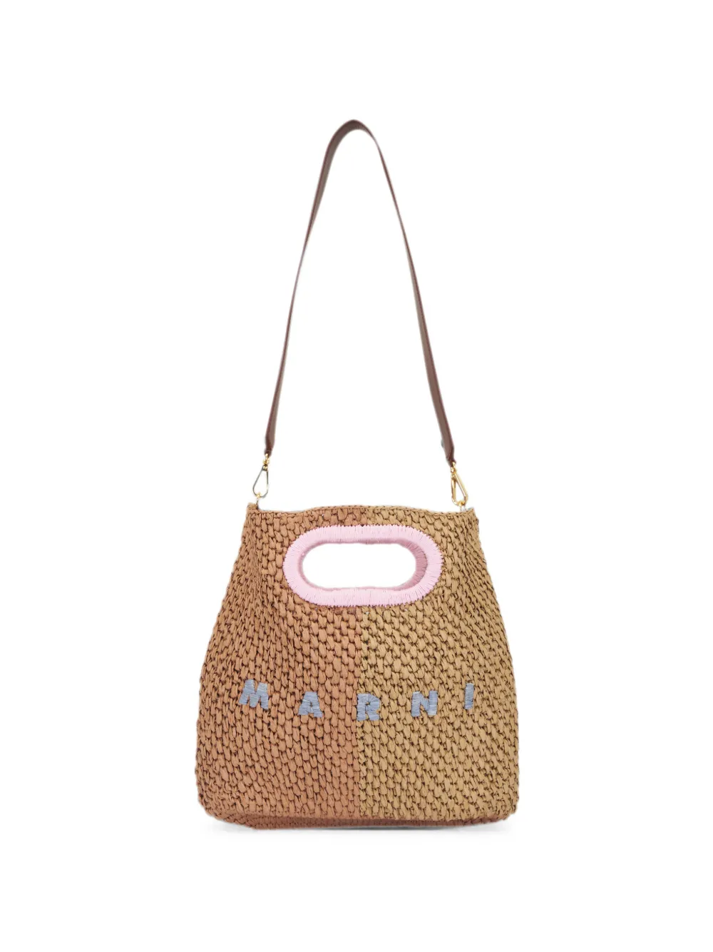 Marni woven-raffia embroidered-logo clutch bag - Brown
