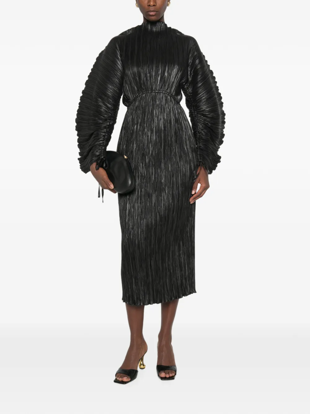 Cult Gaia Freda midi-jurk met ballonmouwen en plissé-effect Zwart