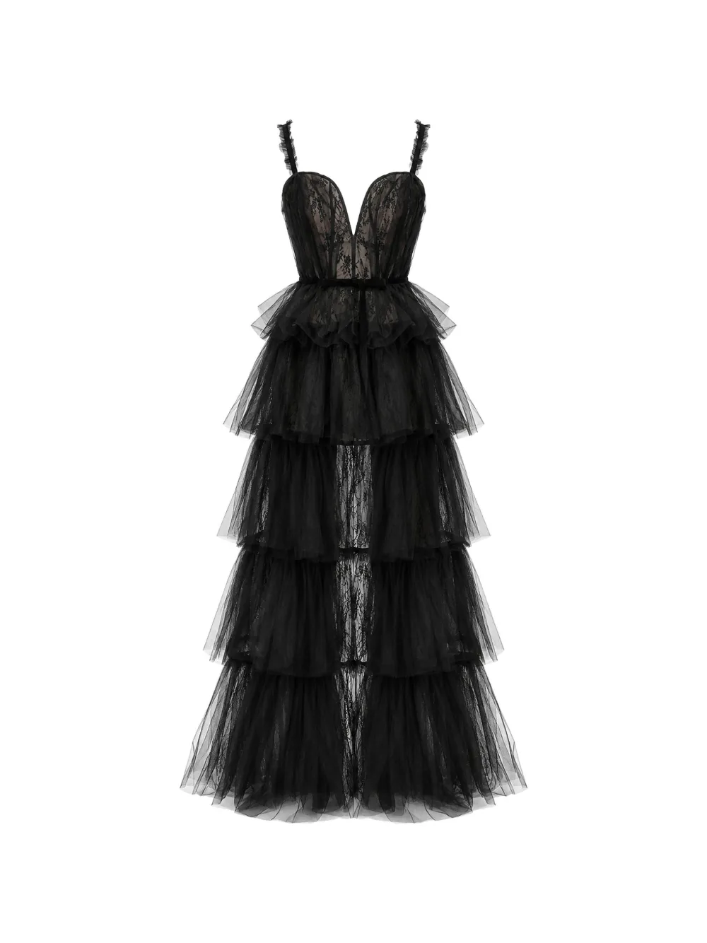 Aknvas tiered lace-overlay gown - Black