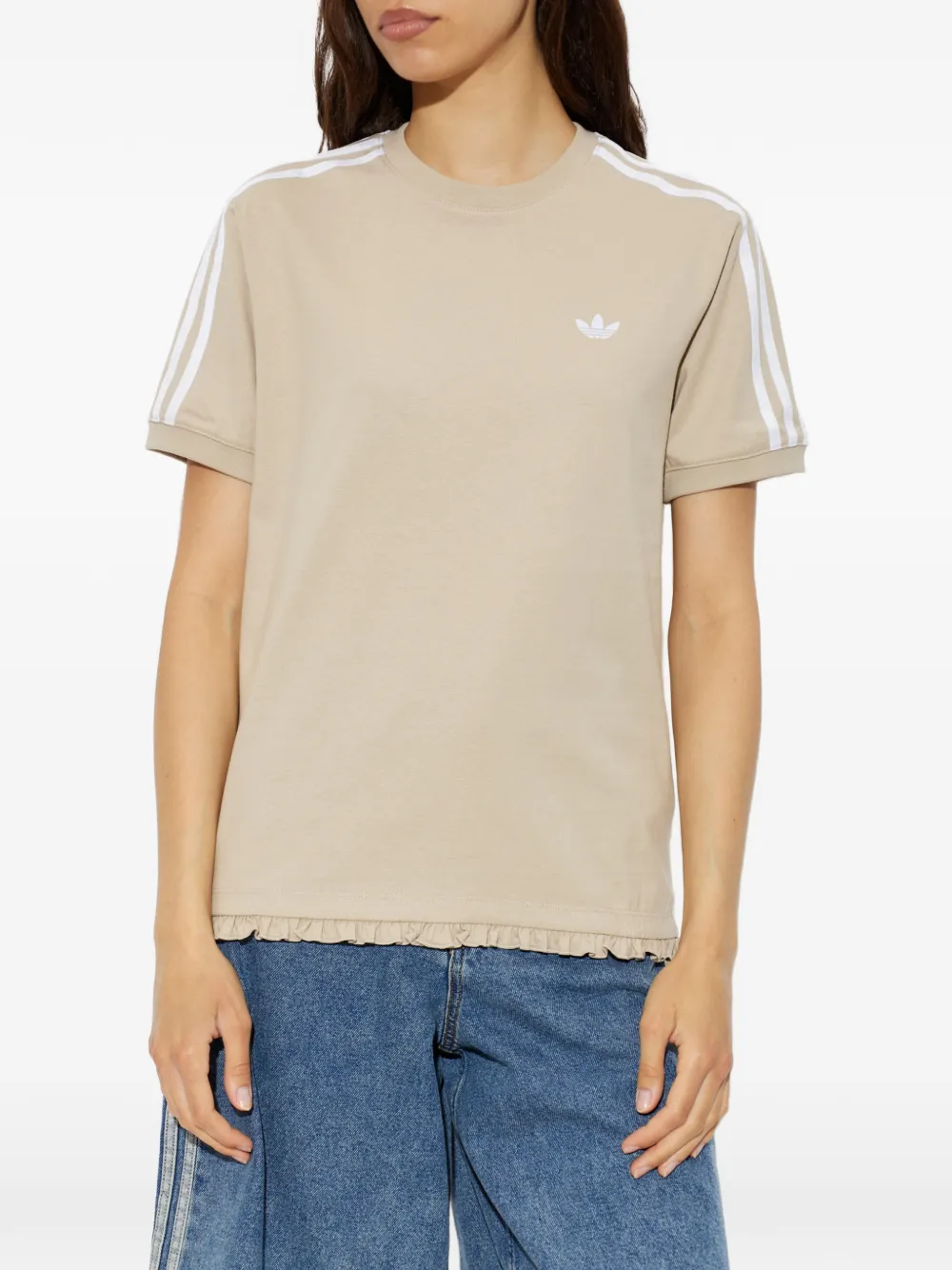 adidas ruffle-trim striped-sleeve T-shirt Beige