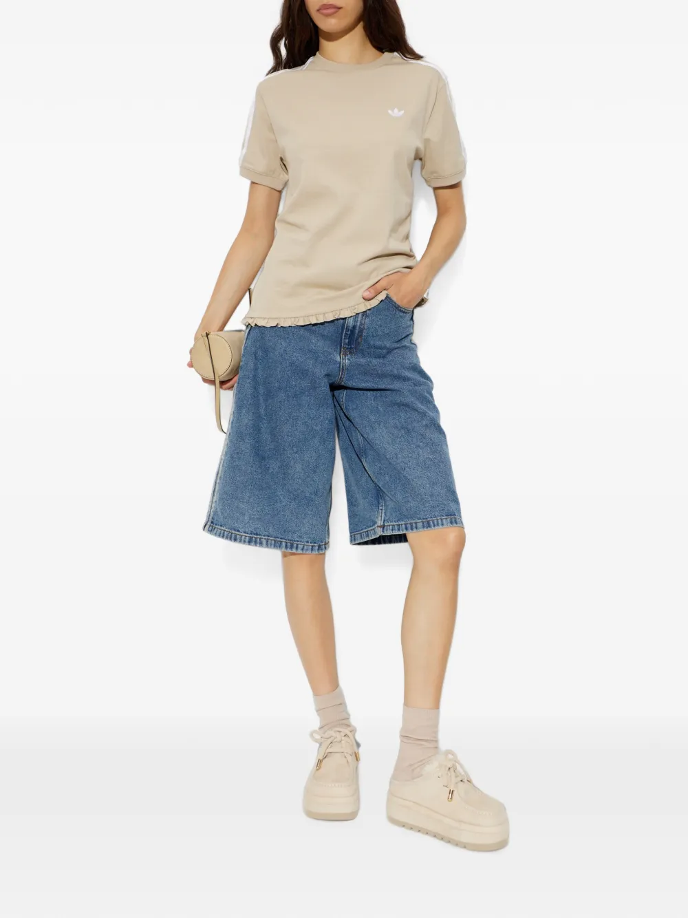 adidas ruffle-trim striped-sleeve T-shirt Beige