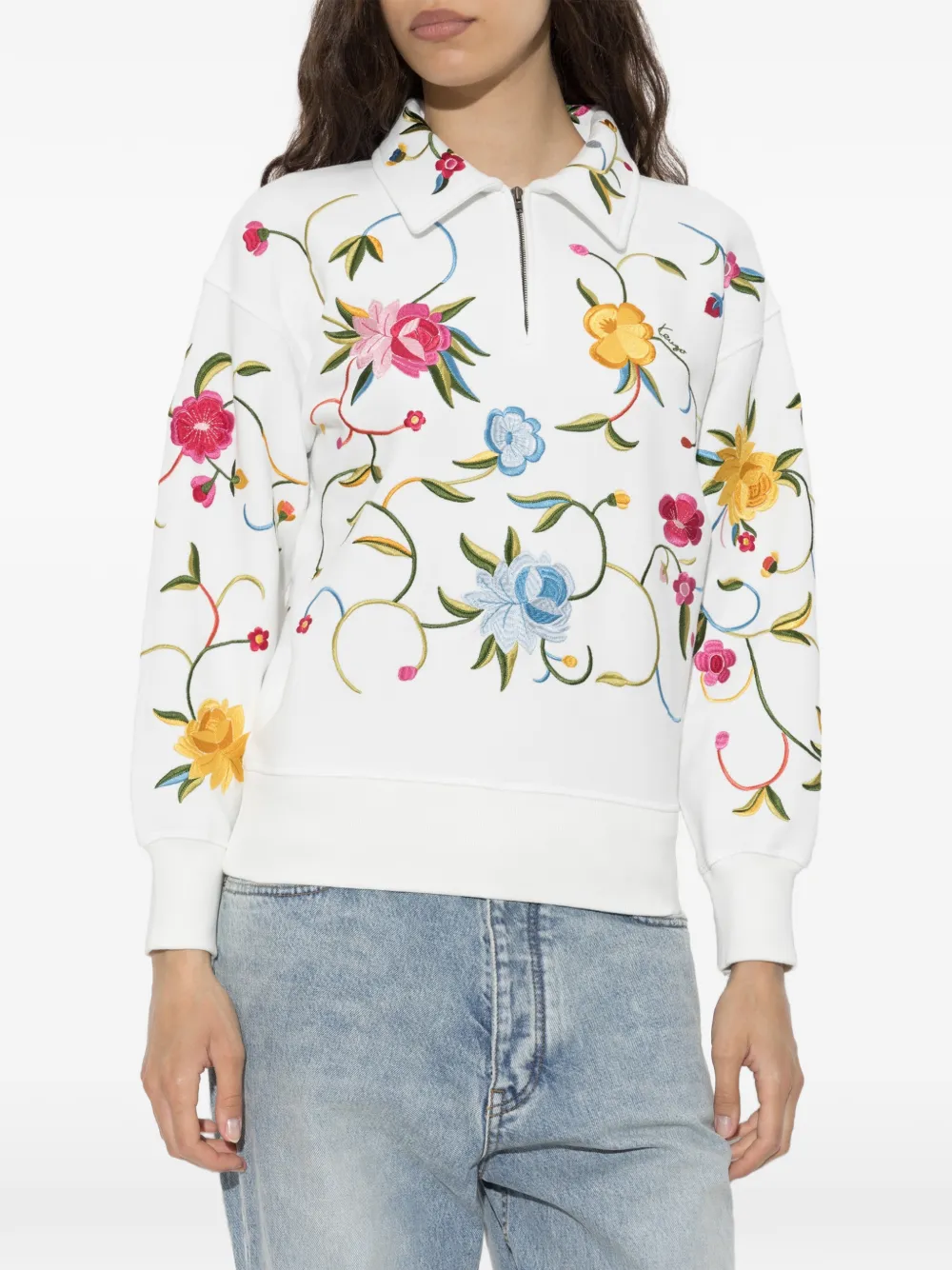 Kenzo floral-embroidered quarter-zip sweatshirt Wit