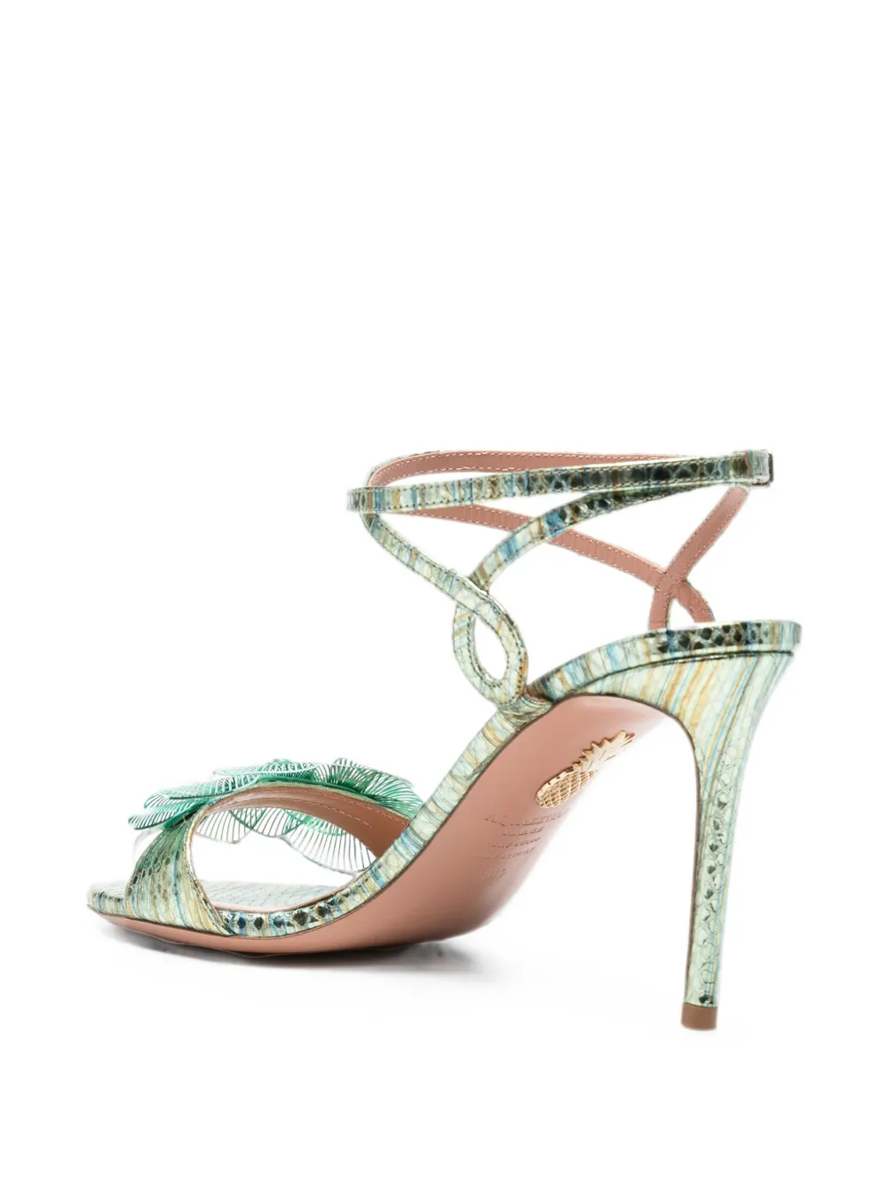 Aquazzura floral-appliqué snakeskin-effect sandals Groen