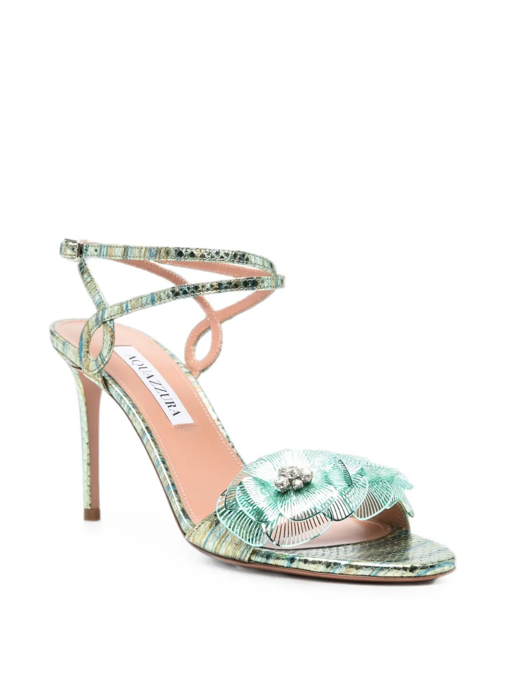 Aquazzura floral-appliqué snakeskin-effect sandals Groen