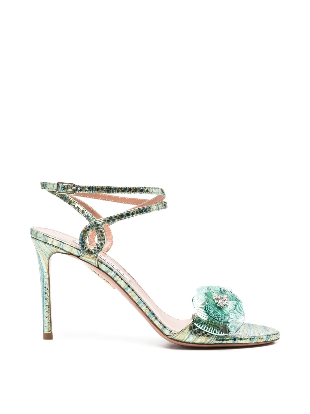 Aquazzura floral-appliqué snakeskin-effect sandals Groen