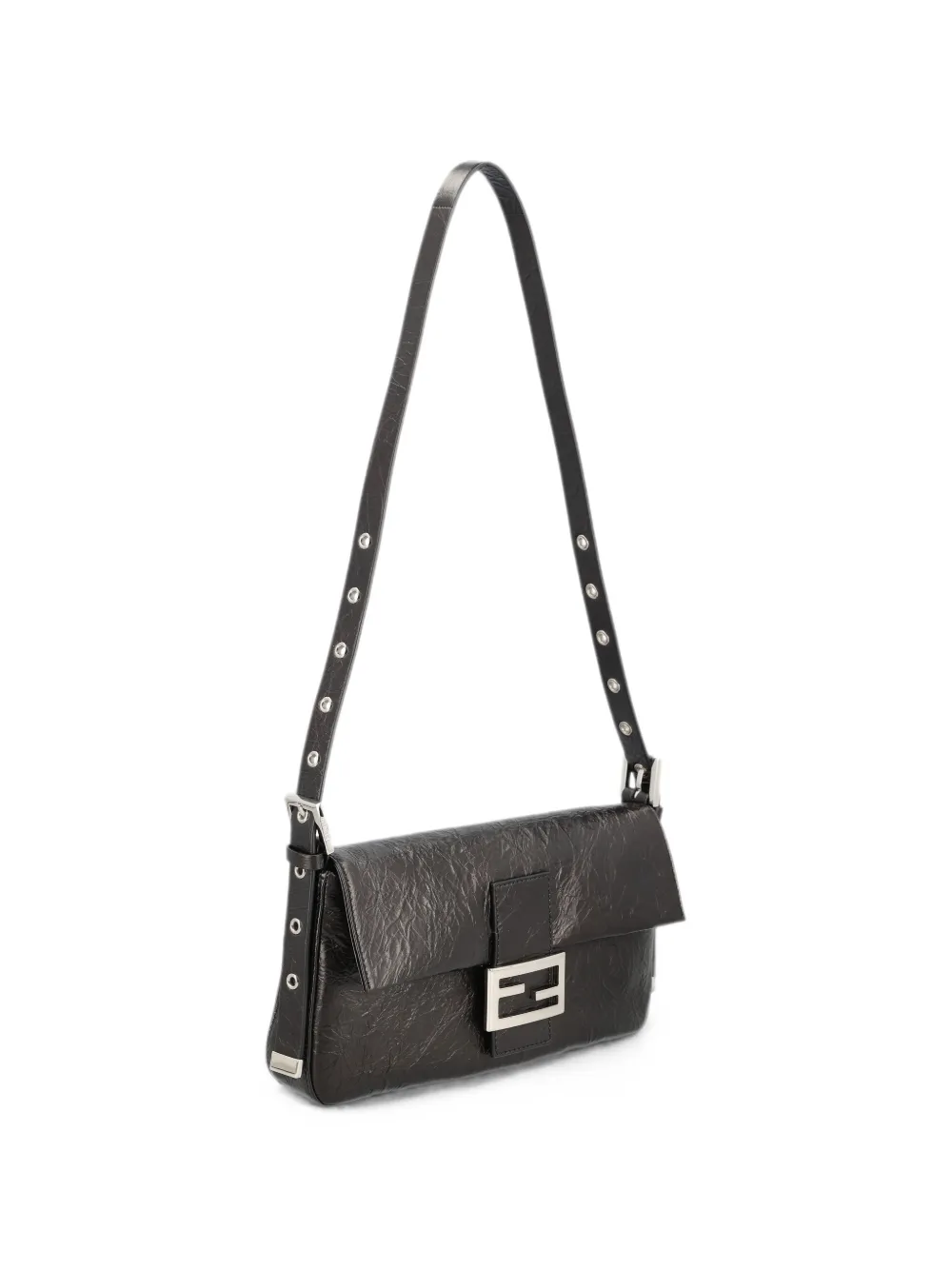FENDI Baguette 26424 leren tas met gebarsten effect Zwart