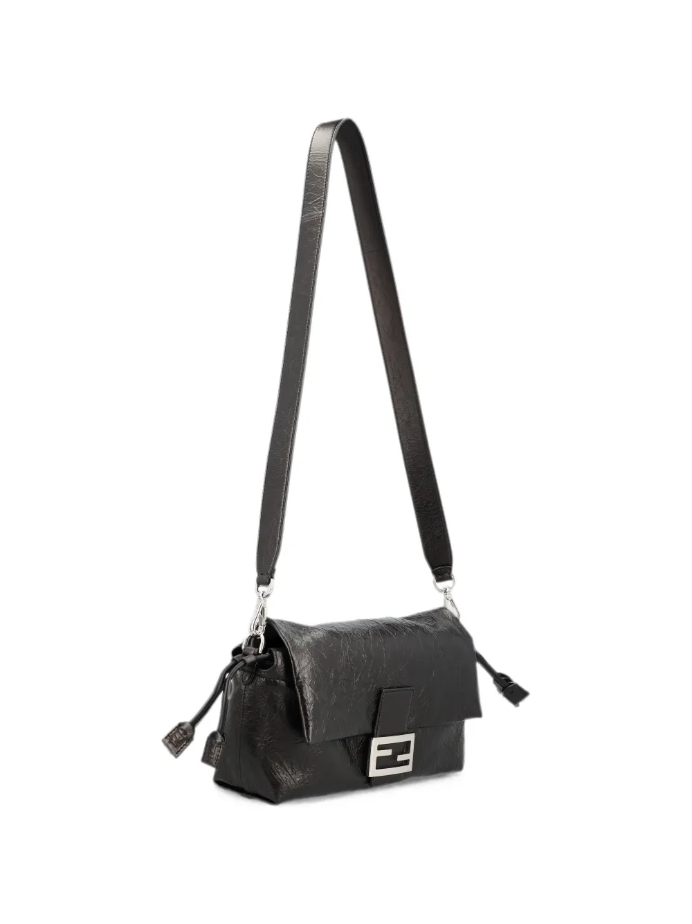 FENDI Medium Baguette Soft leren tas met gebarsten effect Zwart