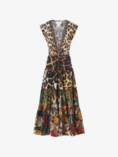 Camilla Vestido midi com torção frontal e estampa de leopardo