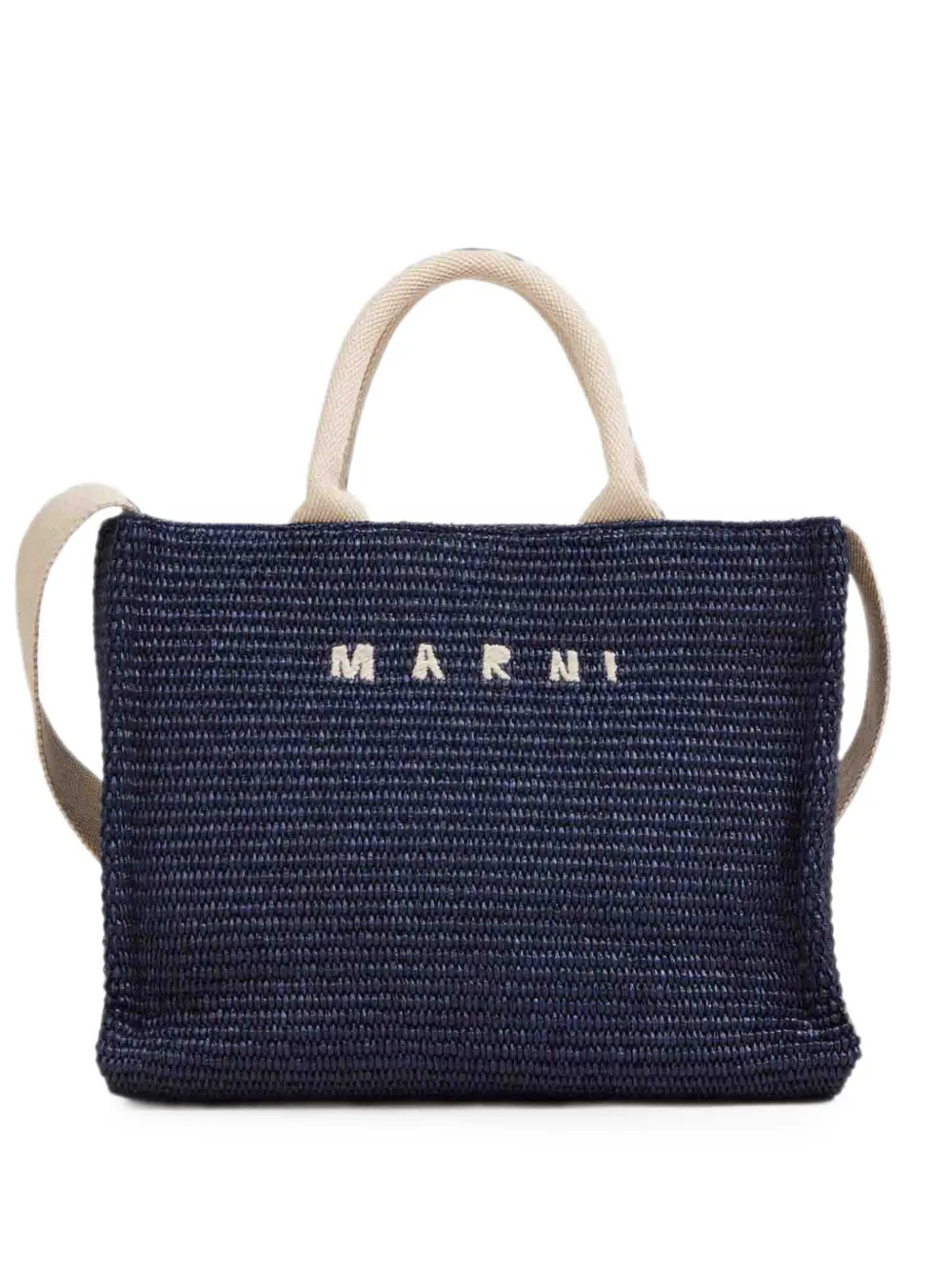 Marni logo-embroidered raffia tote bag - Blu
