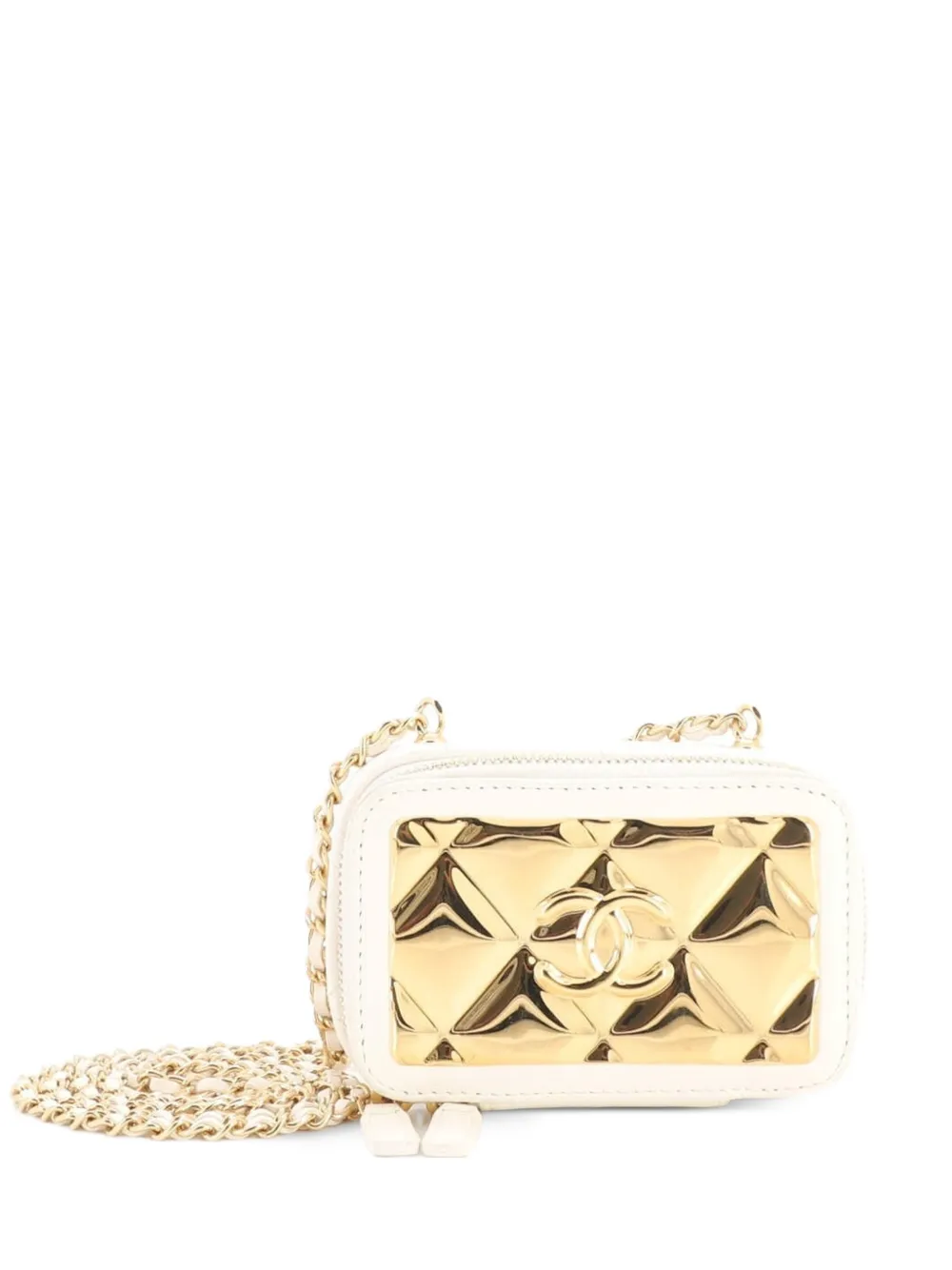 CHANEL Pre-Owned Golden Plate Zip Around Vanity Case with Chain Quilted Metal and Lambskin Extra Mini clutch bag - Bianco