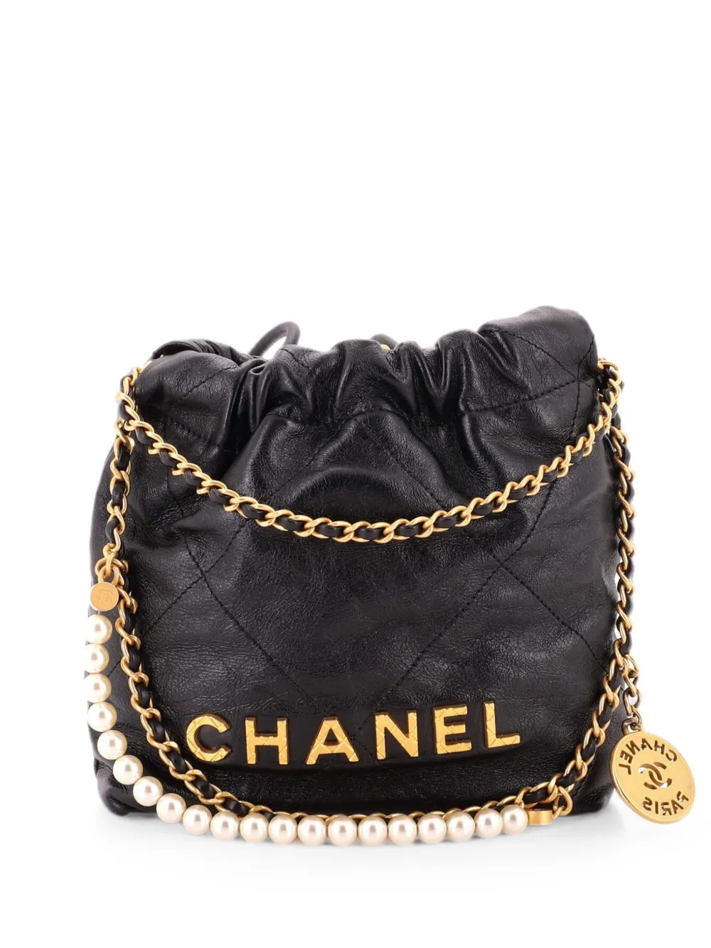CHANEL Pre-Owned 22 Chain Hobo Quilted Calfskin with Pearl Chain Mini crossbody bag - Nero