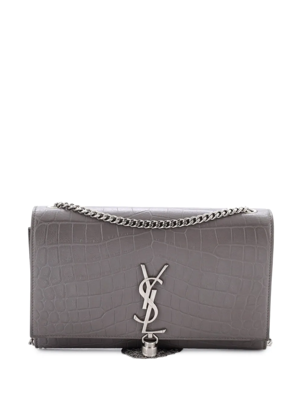 Saint Laurent Pre-Owned Mittelgroß Classic Monogram Umhängetasche aus Leder mit Kroko-Prägung und Quaste - Grau
