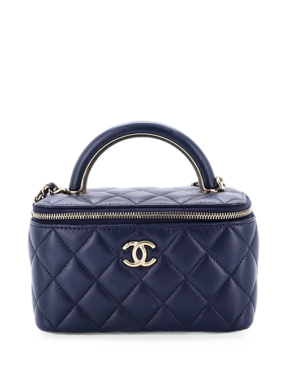 Pre-owned Chanel Charming Handle Vanity Case With Chain Quilted Lambskin Small Satchel In Blue