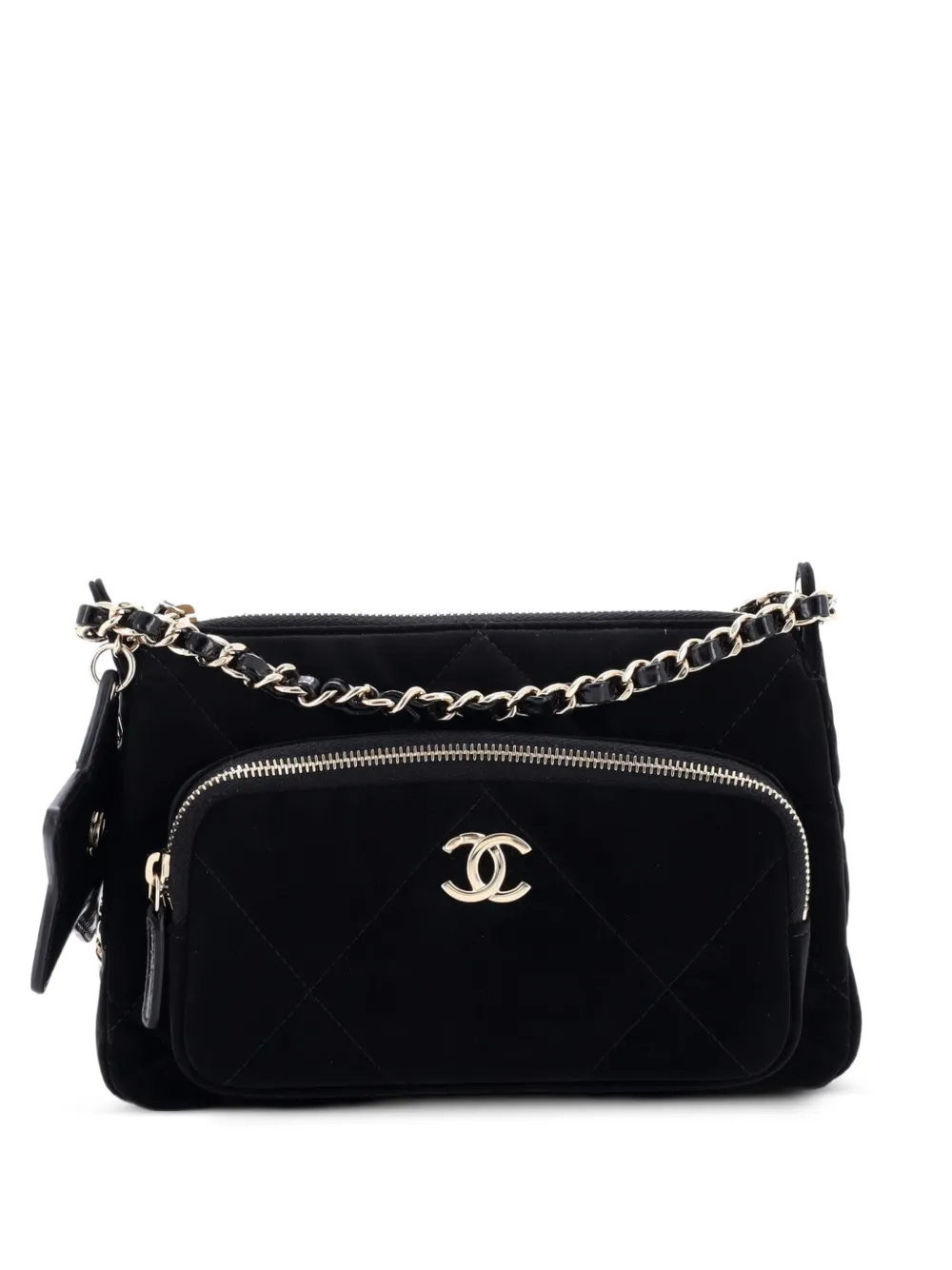 CHANEL Pre-Owned 25 With Chain Quilted Velvet Effect Nylon and Shiny Crumpled Calfskin Mini clutch bag - Nero
