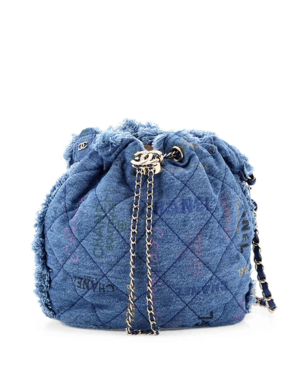 CHANEL Pre-Owned Denim Mood Chain Logo Printed Quilted Fringe Denim Medium bucket bag - Blu