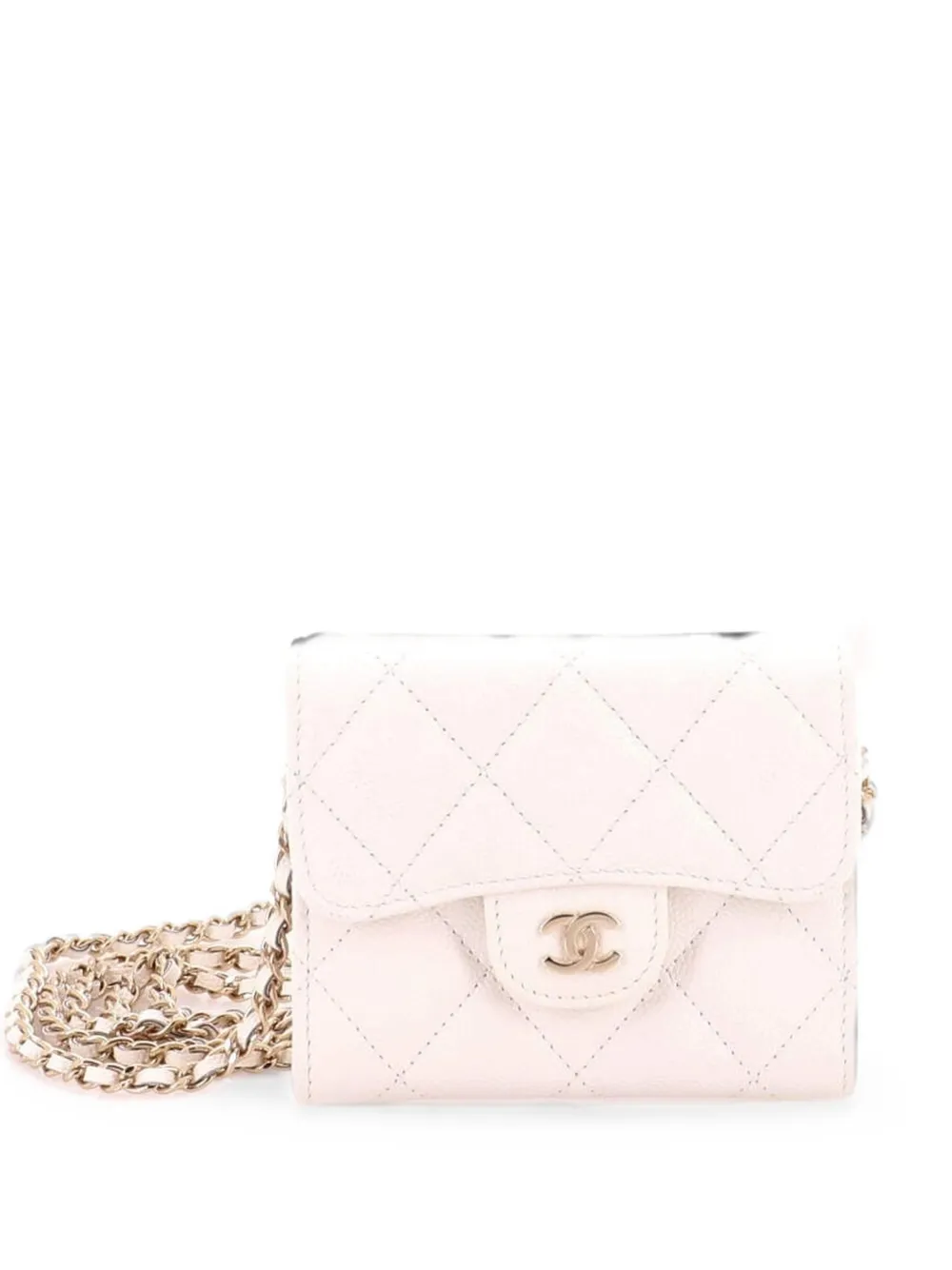 CHANEL Pre-Owned Classic Flap Card Holder on Chain Quilted Caviar Mini clutch bag - White