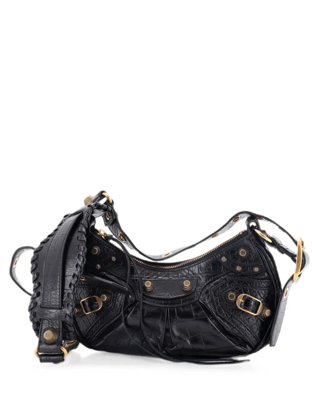 Balenciaga Pre-Owned Le Cagole Giant Studs Shoulder Bag Crocodile Embossed Leather XS hobo bag - Black