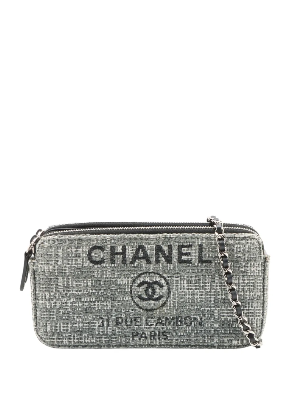 Pre-owned Chanel 2018 Tweed Deauville Double Zip Clutch With Chain Crossbody Bag In Grey