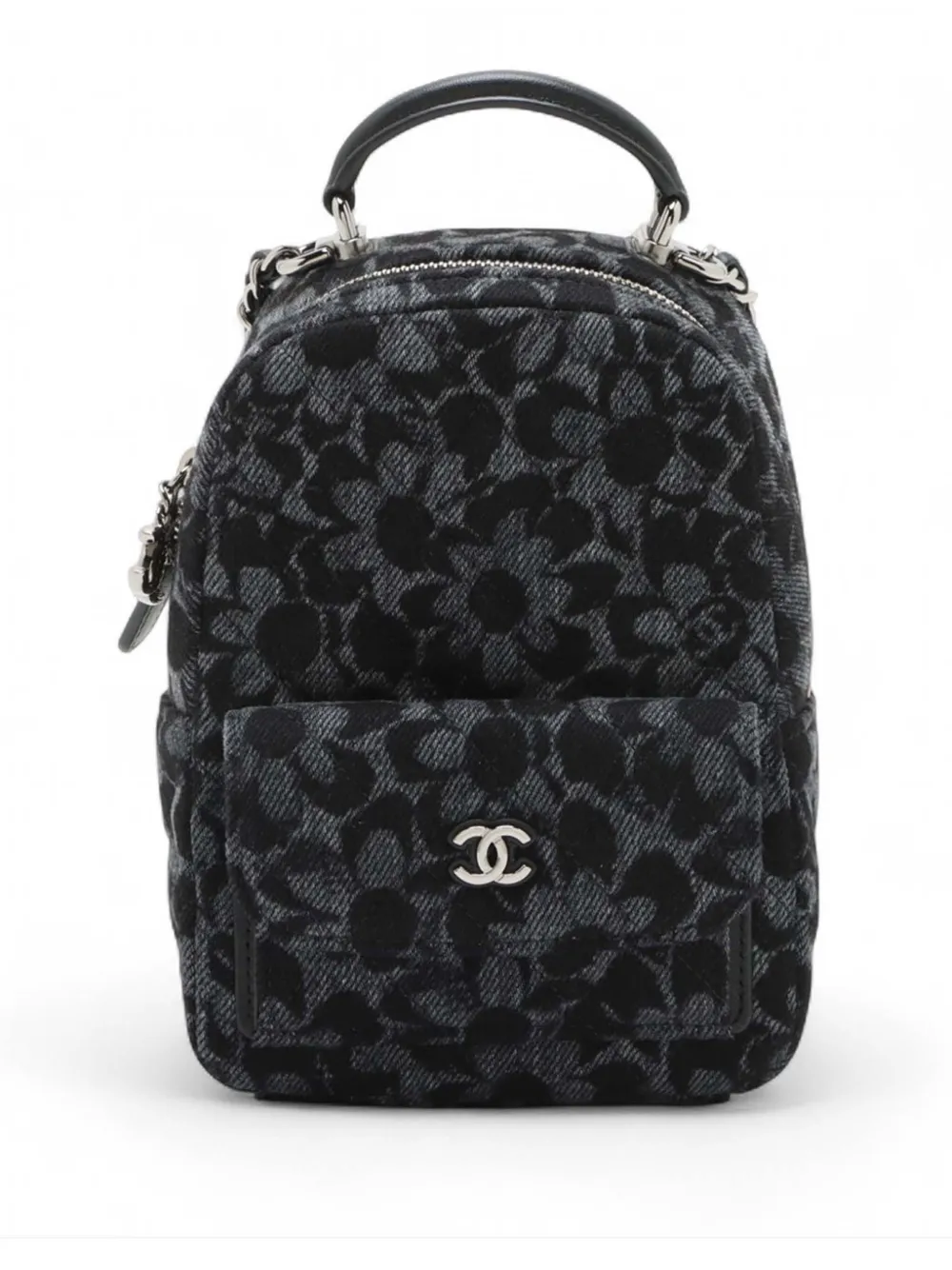 Pre-owned Chanel 2021-2026 Canvas Camellia Backpack In Black