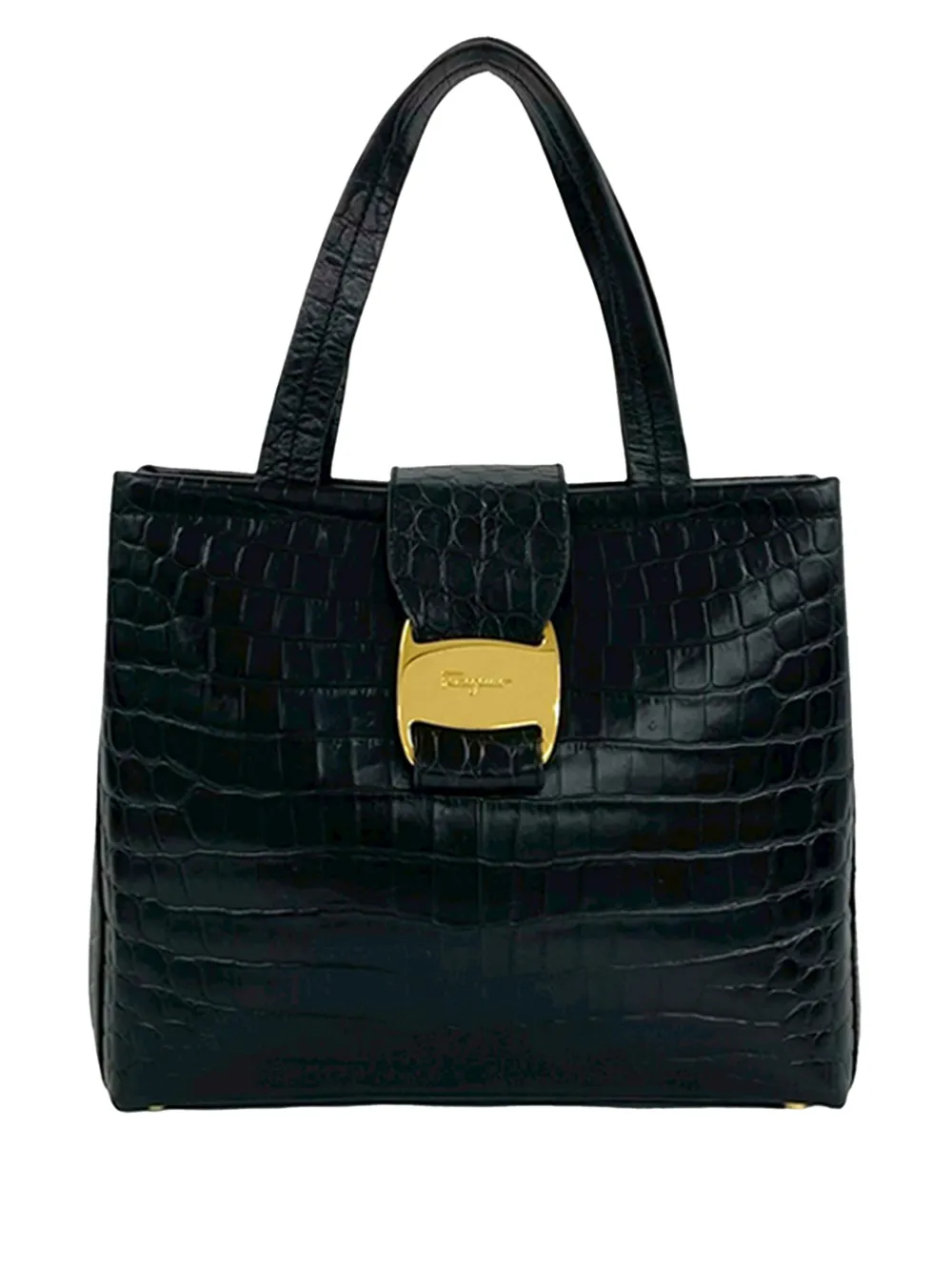 Pre-owned Ferragamo 2010-2026 Croc Embossed Leather Vara Bow Satchel In Black