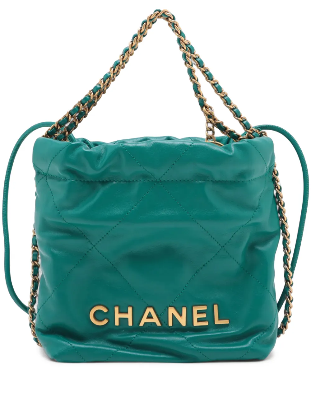 Pre-owned Chanel 2021-2026 Mini Shiny Calfskin 22 Handbag Satchel In Green