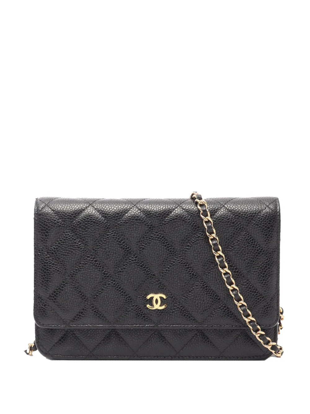 Pre-owned Chanel 2019 Cc Quilted Caviar Wallet On Chain Crossbody Bag In Black