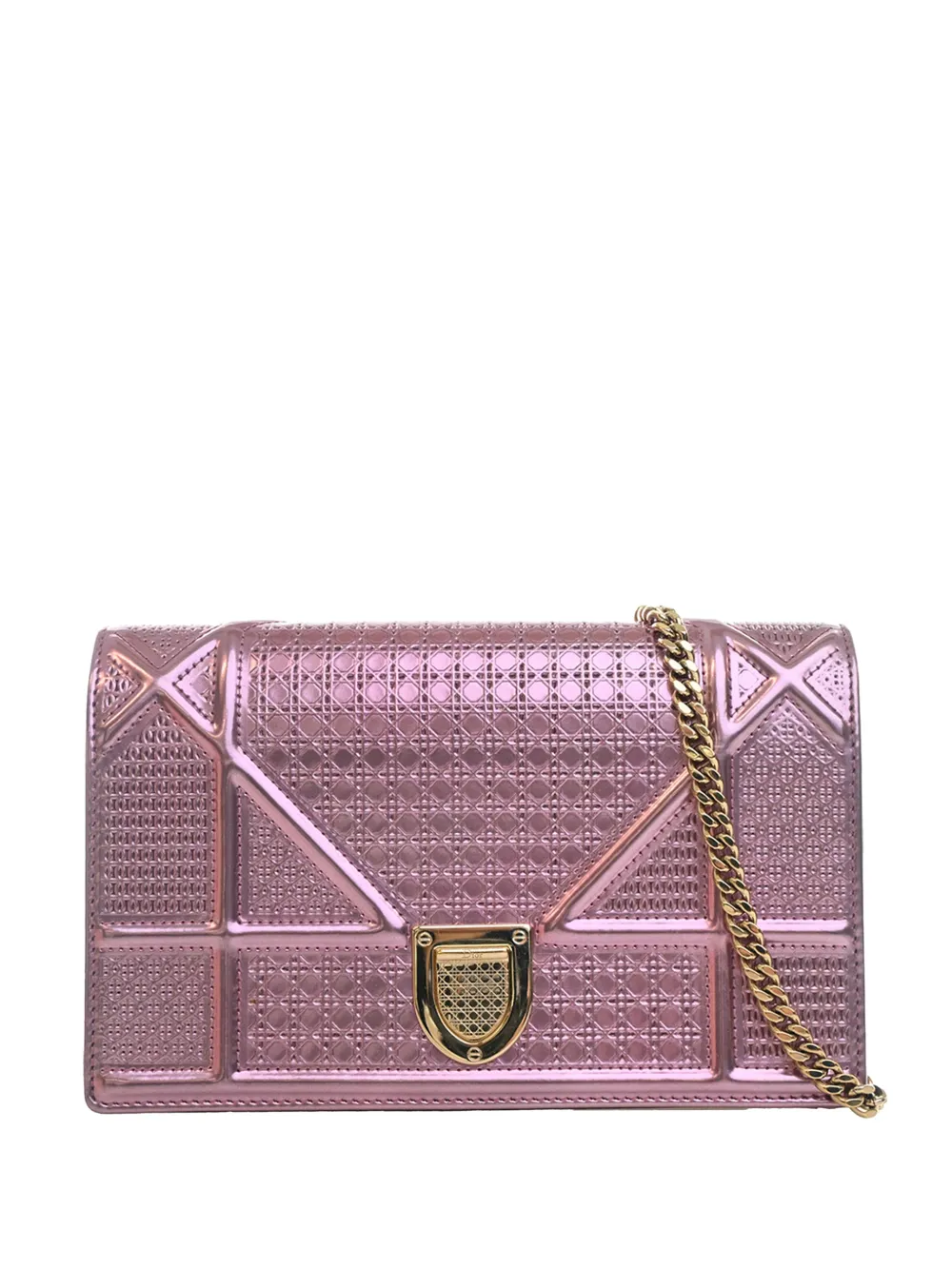 Pre-owned Dior 2018 Metallic Patent Microcannage Ama Wallet On Chain Crossbody Bag In Pink