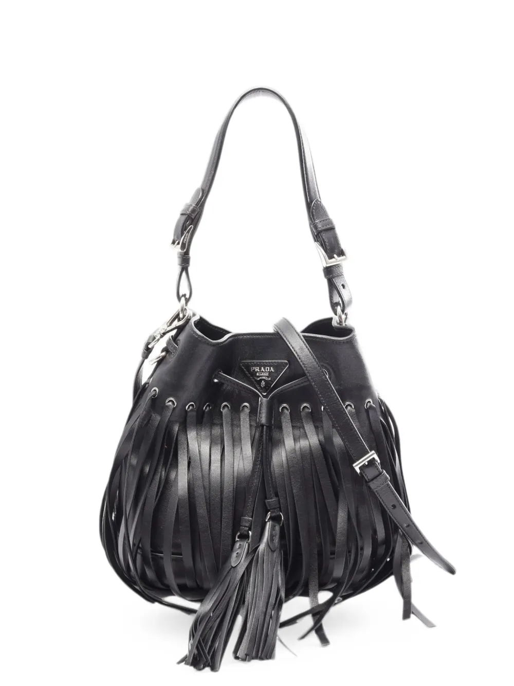 Prada Pre-Owned 2010s Bucket Fringe triangle-logo bucket bag - Black