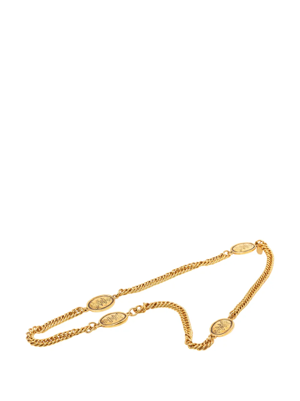Pre-owned Chanel 1980-1990 Cc Gold Plated Crown Medallion Station Necklace Costume Necklace