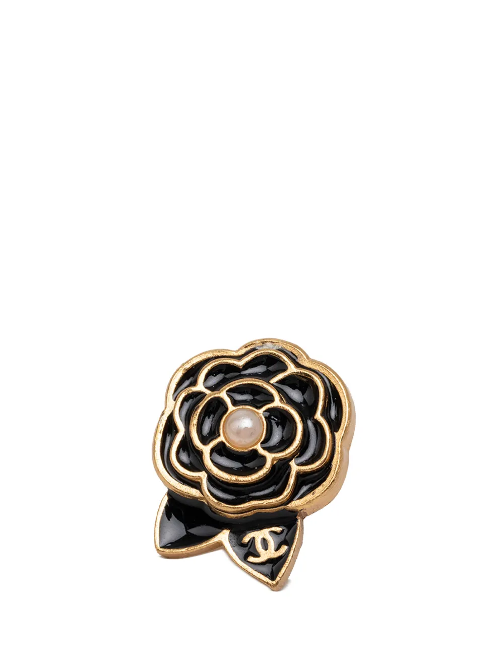 Pre-owned Chanel 2002 Cc Gold Plated Enamel Faux Pearl Camellia Pin Brooch Costume Brooch