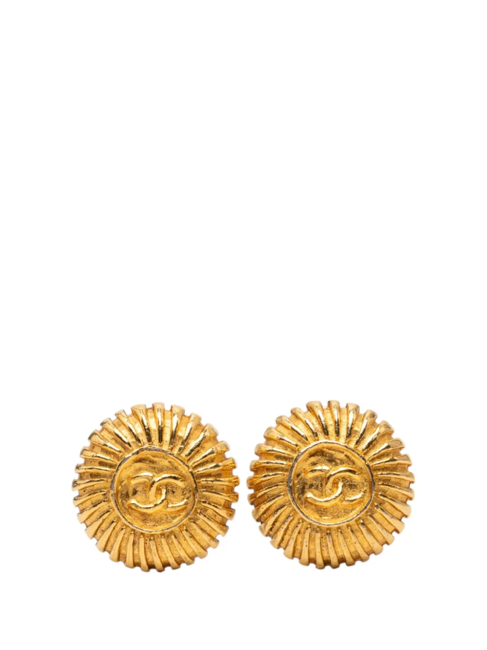 Pre-owned Chanel 1970-1980 Cc Gold Plated Sunburst Round Clip On Earrings Costume Earrings
