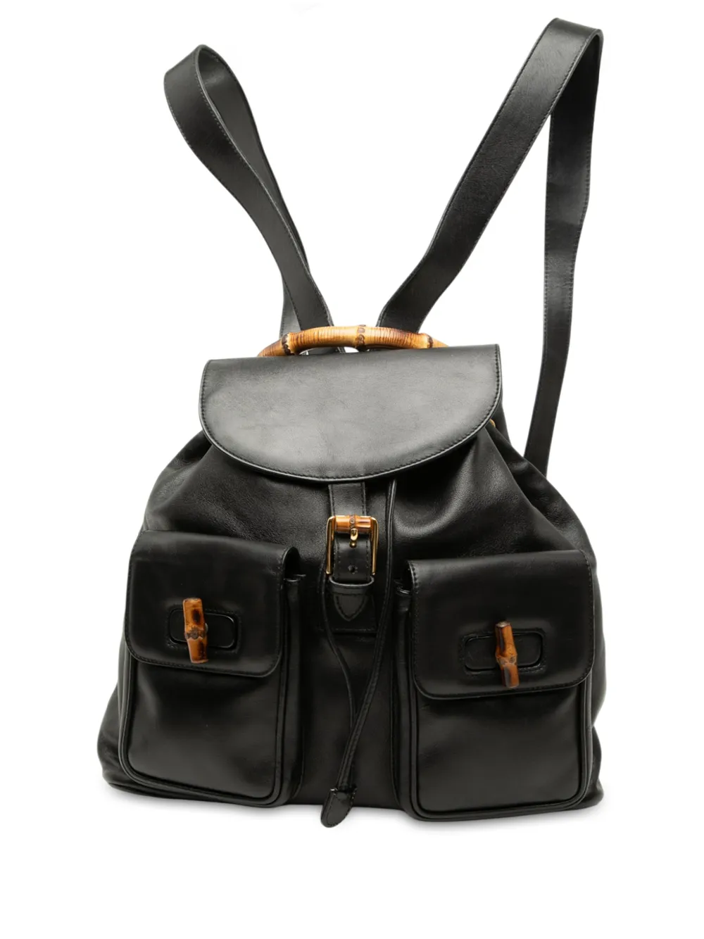 Pre-owned Gucci 20th Century Calfskin Bamboo Drawstring Backpack In Black
