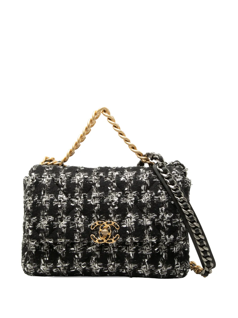 Pre-owned Chanel 2020 Large Tweed 19 Flap Satchel In Black