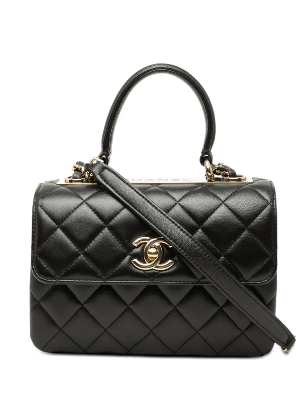 Pre-owned Chanel 2021-2026 Mini Quilted Lambskin Trendy Cc Top Handle Flap Satchel In Black