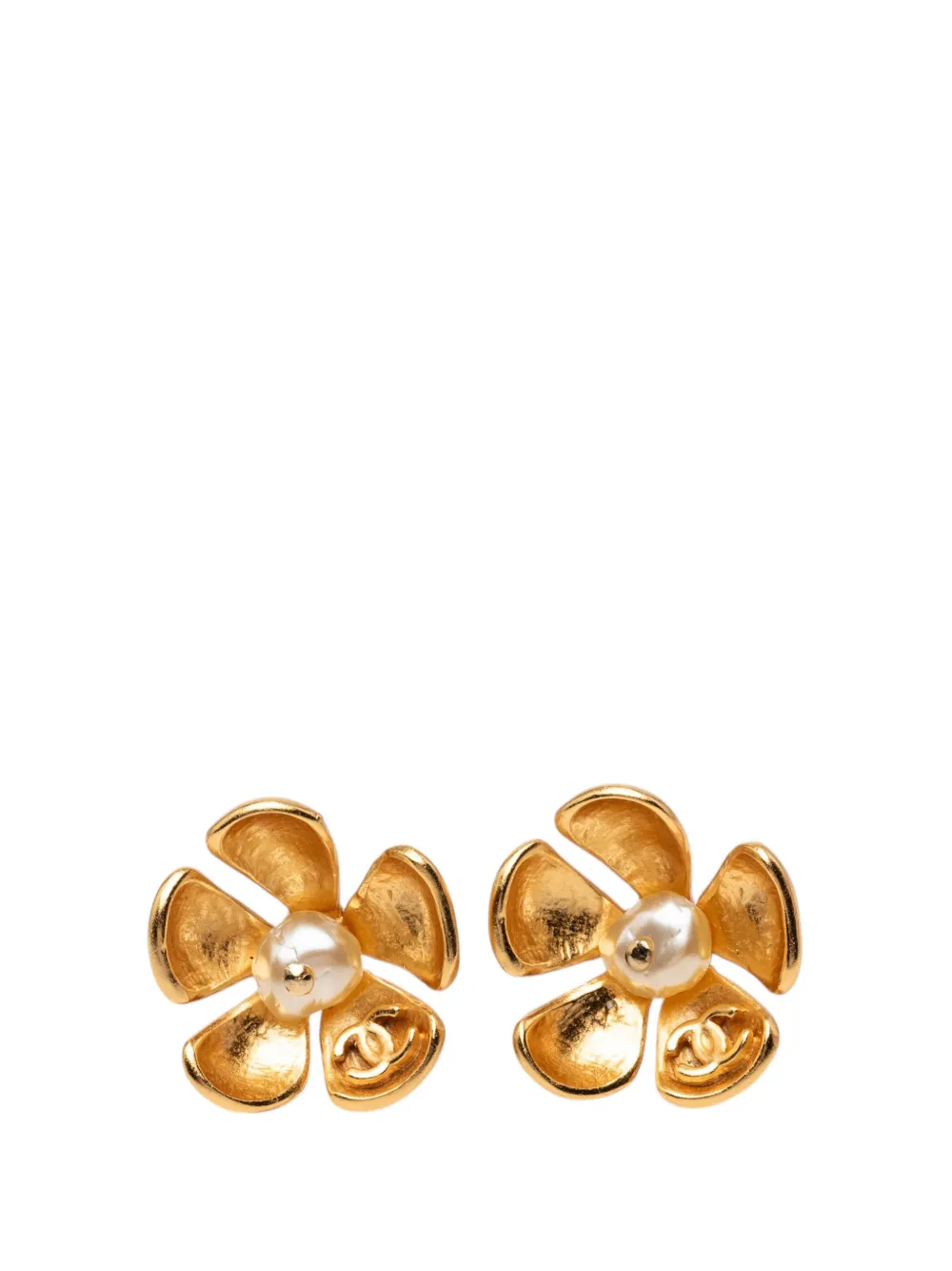 Pre-owned Chanel 2003 Cc Gold Plated Faux Pearl Flower Bullet Back Earrings Costume Earrings