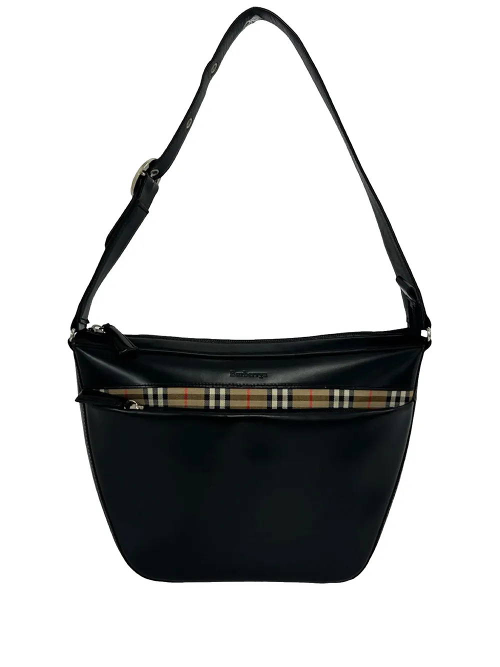 Pre-owned Burberry 20th Century House Check Trimmed Leather Shoulder Bag In Black