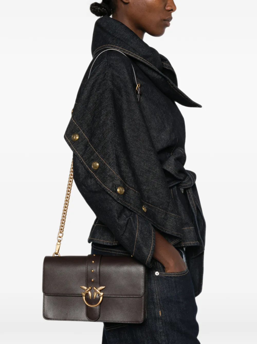 PINKO Love Birds leren crossbodytas Bruin