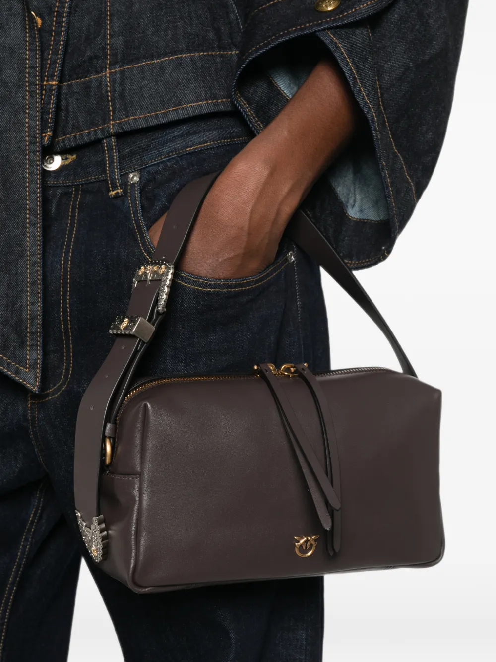 PINKO Love Birds leren schoudertas Bruin