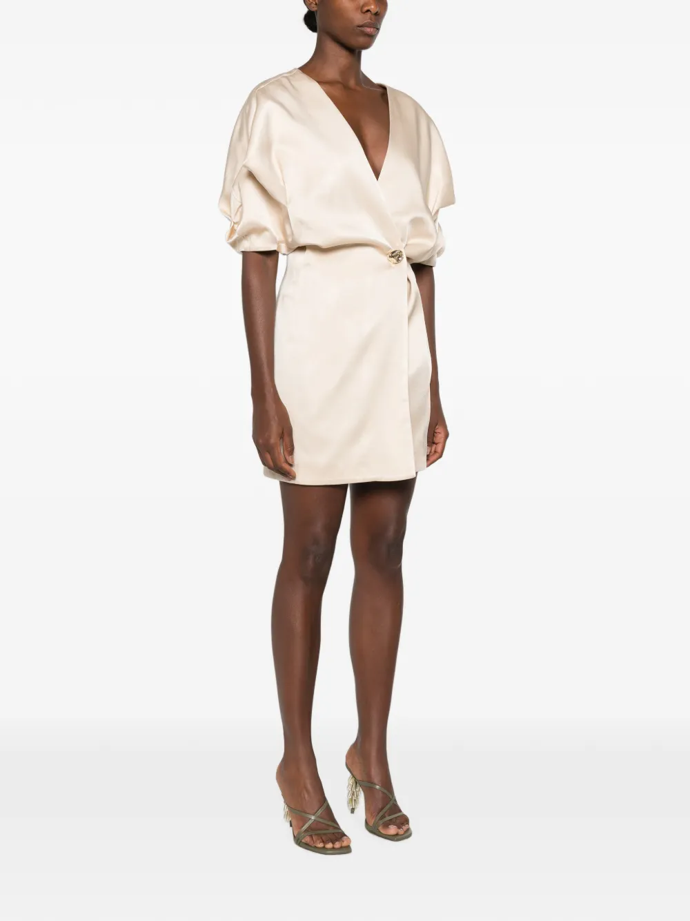 Raquel Diniz Anastasia mini-jurk met knoopdetail en V-hals Beige