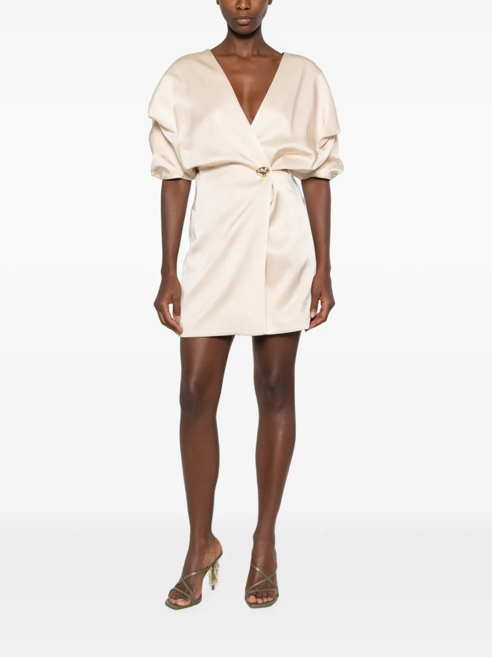 Raquel Diniz Anastasia mini-jurk met knoopdetail en V-hals Beige