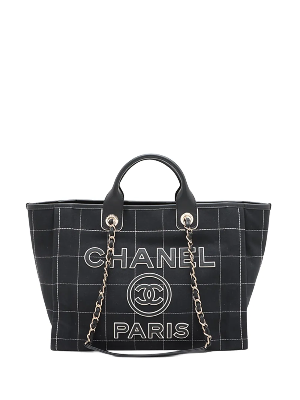 Pre-owned Chanel 2021-2026 Medium Canvas Stitched Deauville Tote Satchel In Black