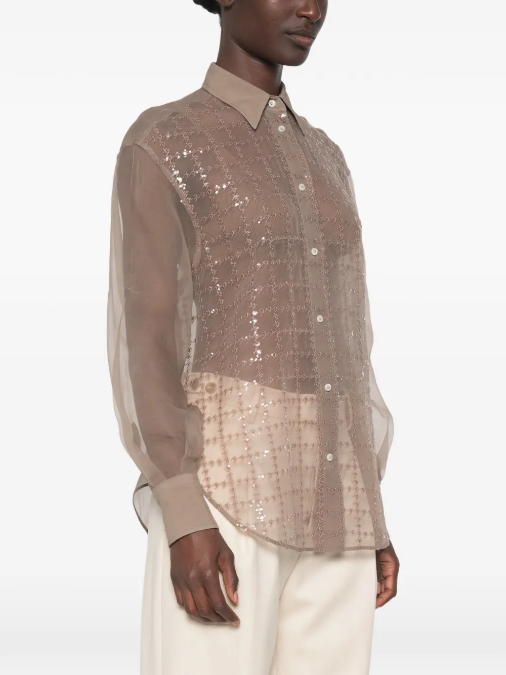 Brunello Cucinelli sequin-embellished semi-sheer shirt Bruin