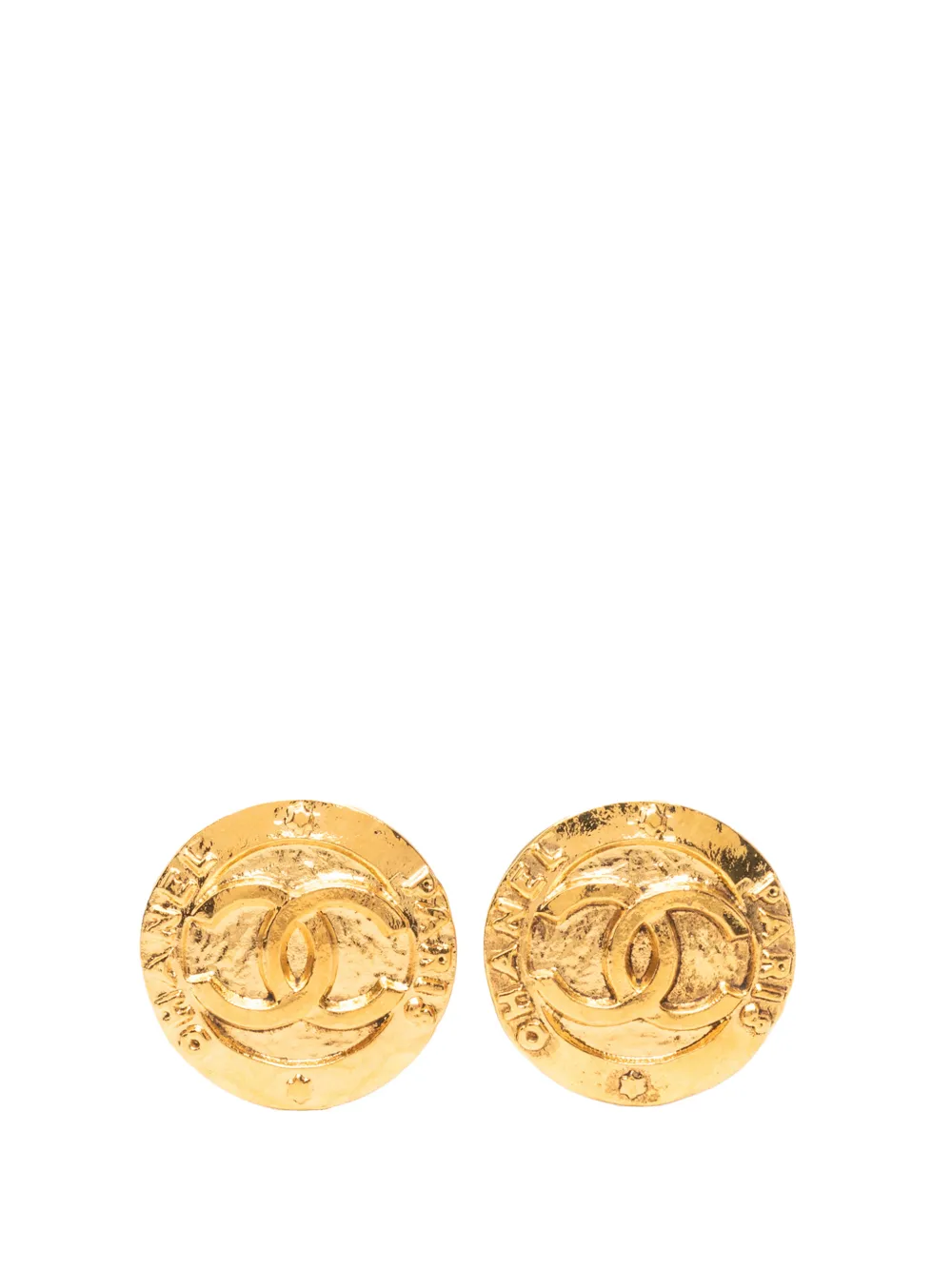 Pre-owned Chanel 1980-1990 Cc Gold Plated Round Clip On Earrings Costume Earrings