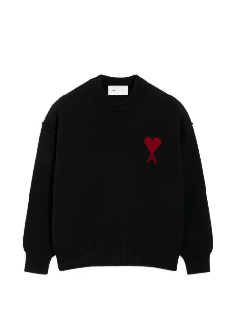 AMI Paris black crew neck wool sweater with Ami de Coeur