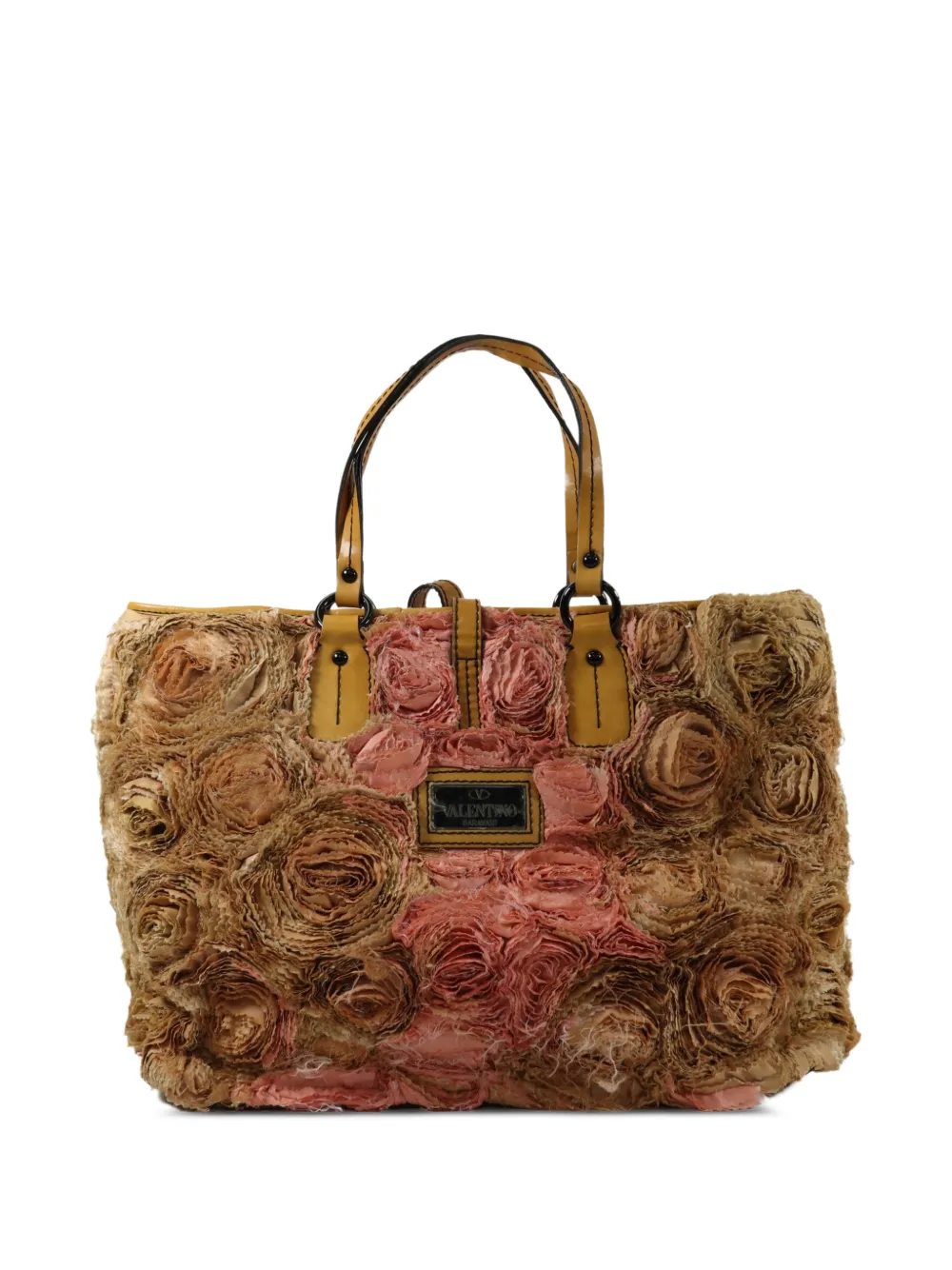 Valentino Garavani Pre-Owned floral-appliqué leather-trim tote bag - Marrone