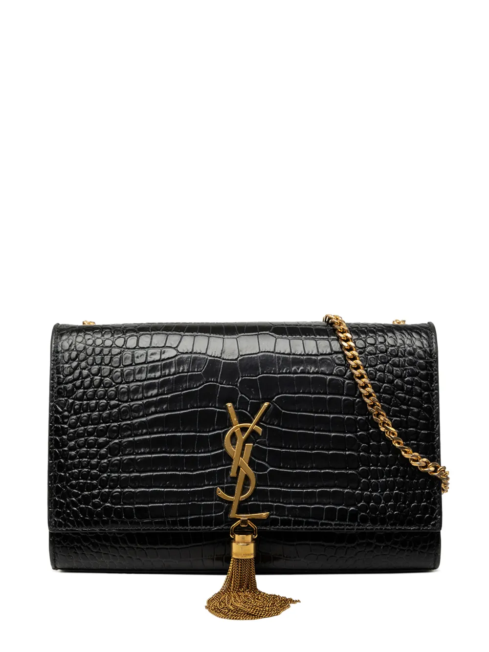 Saint Laurent Pre-Owned 2021 Medium Croc Embossed Patent Monogram Kate Tassel crossbody bag - Nero