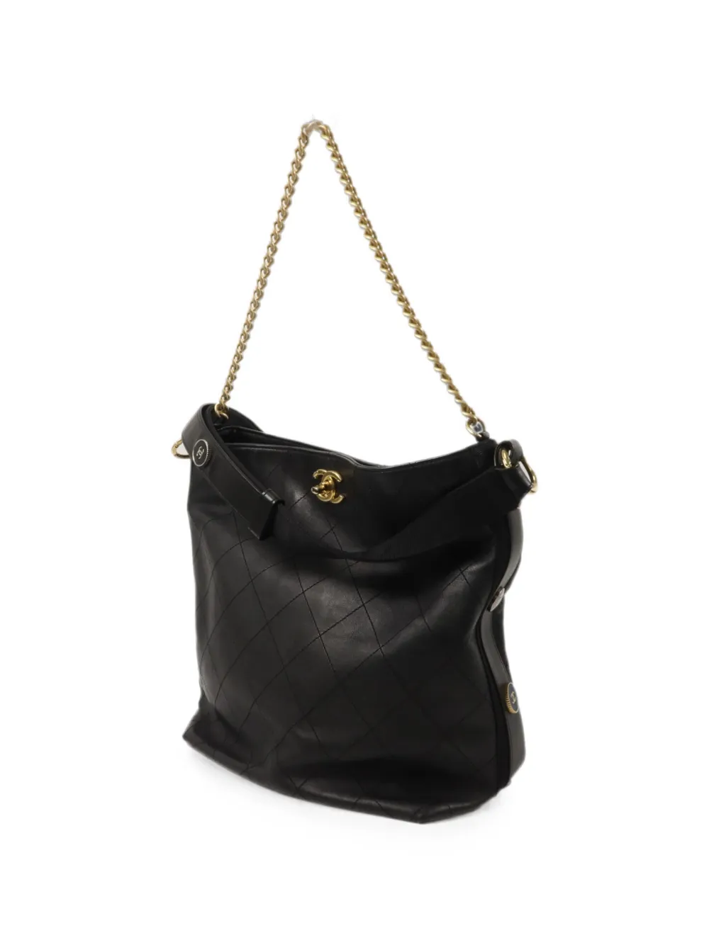 CHANEL Pre-Owned CC gewatteerde bucket-tas met diamantpatroon en draaislot Zwart