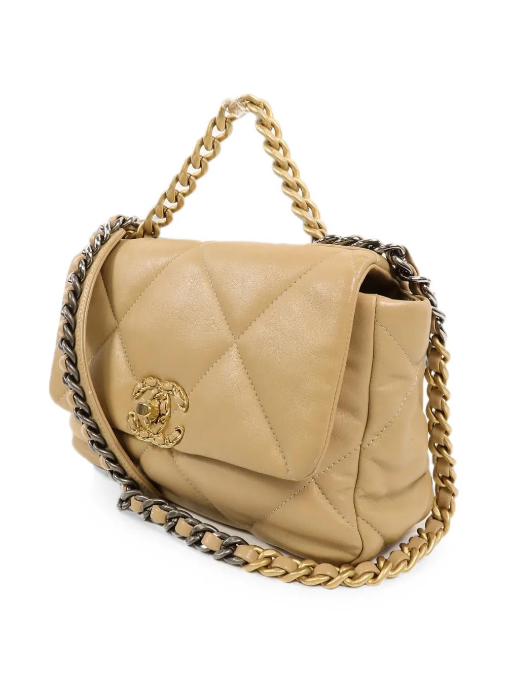 CHANEL Pre-Owned Medium 19 gewatteerde schoudertas met diamant-patroon Beige