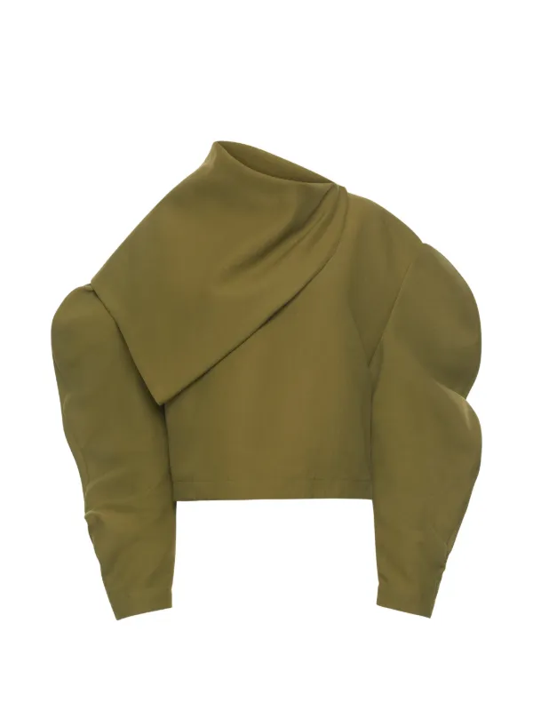 A.W.A.K.E. Mode Draped-collar Puff-sleeve Top in Green