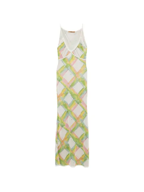 John Galliano Pre-Owned vestido largo a cuadros con cuello en V 2000